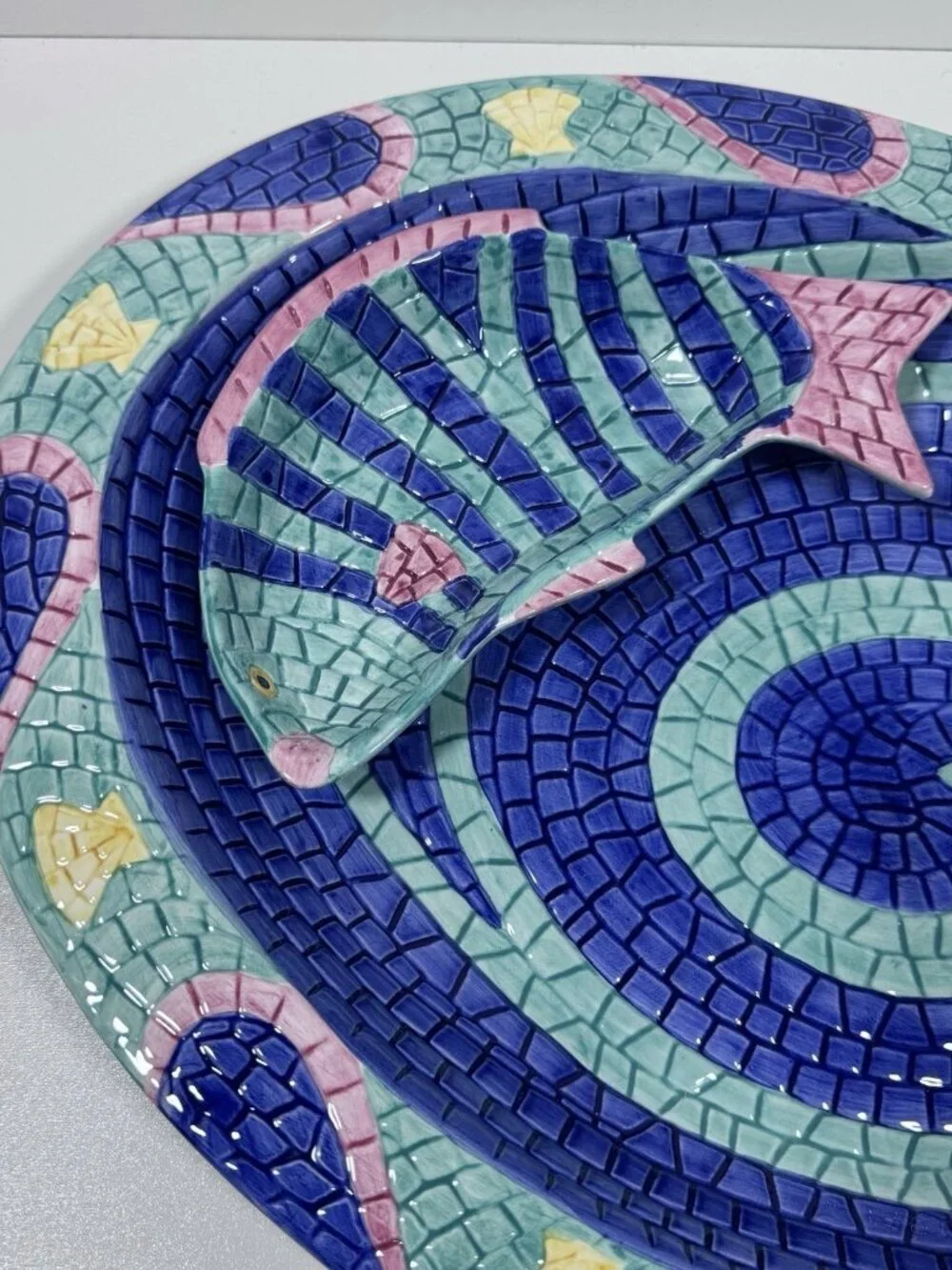 Vintage CLAY ART Kitschy MOSAIC Tile FISH PLATTER AND DIP SET BRIGHT COLORS 1995
